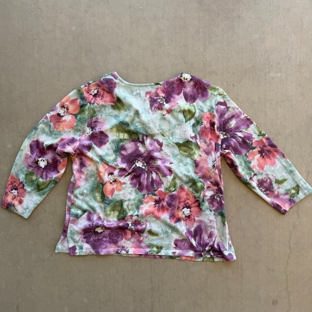 Alfred Dunner Top Womens Medium Floral Rhinestone 3/4 Sleeve V Neck Shirt - Picture 3 of 5